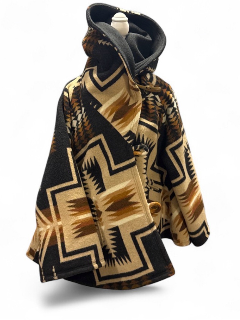 Hooded Geometric Poncho Coat in Black, Tan & Cream